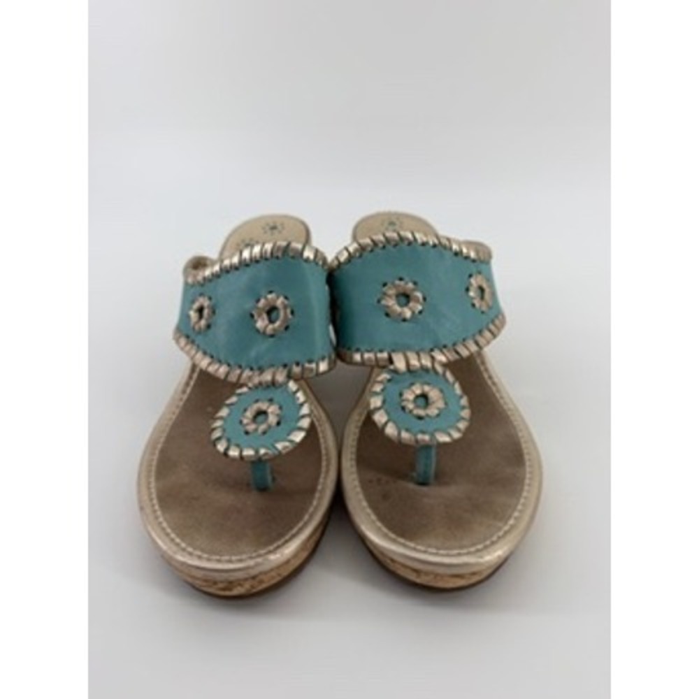 Jack Rogers Turquoise Gold Leather Cork Wedge Sandals Womens 5.5 M Whipstitch